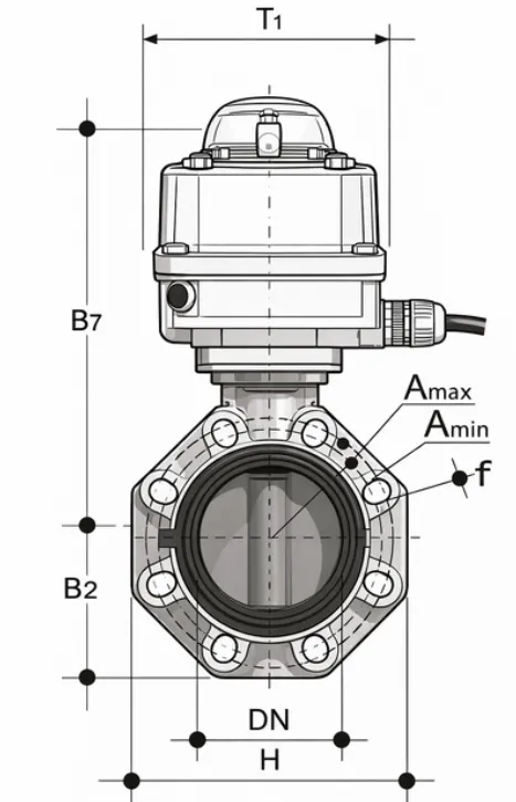 PVDF Butterfly Electrically Actuated Valve technical Drawing