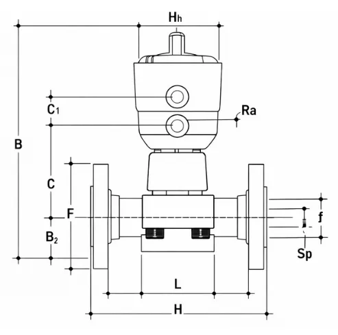 PVDF FLANGED DIAPHRAGM VALVE (PNEUMATIC) Technical Drawing
