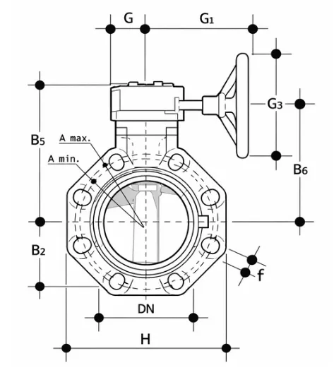 PVDF Gear Operated Butterfly Valve Technical Drawing