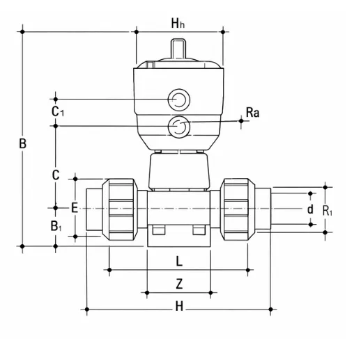 PVDF PNEUMATIC DIAPHRAGM VALVE Technical Drwing